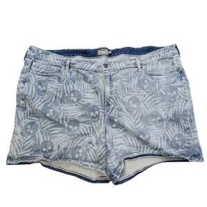 Torrid Denim Jean Shorts Plus Size 30 Stretch Skull Palm Leaf Print‎ Mid Rise